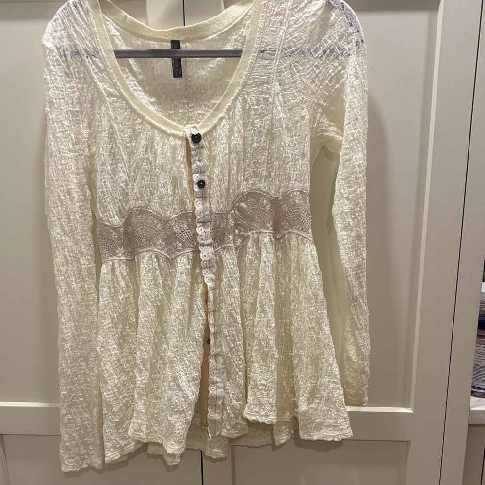 Free People Ivory Lace Button-Up Blouse